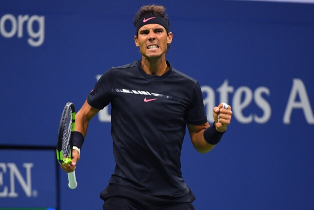 Rafael Nadal of Spain reacts on court against Juan Martin del Potro of Argentina during their Men's semifinal singles match of the US Open 2017 at the USTA Billie Jean King National Tennis Center on September 8, 2017 in New York. / AFP PHOTO / TIMOTHY A. CLARY        (Photo credit should read TIMOTHY A. CLARY/AFP/Getty Images)