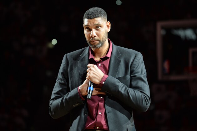 SAN ANTONIO, TX - DECEMBER 18: NBA Legend Tim Duncan is honored at his jersey retirement ceremony on December 18, 2016 at the AT&T Center in San Antonio, Texas. NOTE TO USER: User expressly acknowledges and agrees that, by downloading and or using this photograph, user is consenting to the terms and conditions of the Getty Images License Agreement. Mandatory Copyright Notice: Copyright 2016 NBAE (Photos by Mark Sobhani/NBAE via Getty Images)