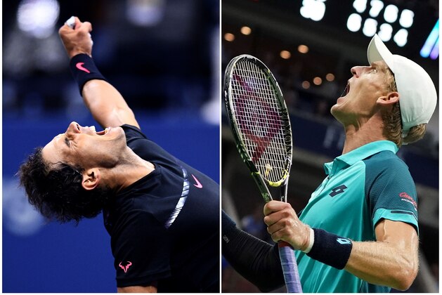 This combination of photos taken on September 8, 2017 shows Spain's Rafael Nadal (L) and South Africa's Kevin Anderson celebrating after winning their 2017 US Open Men's Singles Semifinals matches at the USTA Billie Jean King National Tennis Center in New York. 
World number one Rafael Nadal powered into his 23rd career Grand Slam final on Friday, routing Argentina's 24th-seeded Juan Martin del Potro 4-6, 6-0, 6-3, 6-2 at the US Open. / AFP PHOTO / Jewel SAMAD AND Don EMMERT        (Photo credit should read JEWEL SAMAD,DON EMMERT/AFP/Getty Images)