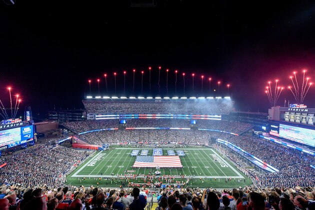 Sep 7, 2017; Foxborough, MA, USA; A general view of the National Anthem at Gillette Stadium before a game between the New England Patriots and the Kansas City Chiefs. Mandatory Credit: Brian Fluharty-USA TODAY Sports
