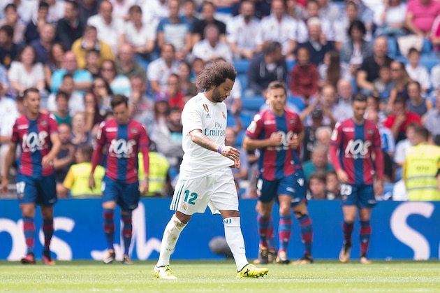 MADRID, SPAIN - SEPTEMBER 09: Marcelo of Real Madrid CF reacts after Levante scored their opening goal during the La Liga match between Real Madrid and Levante at Estadio Santiago Bernabeu on September 9, 2017 in Madrid, . (Photo by Denis Doyle/Getty Ima