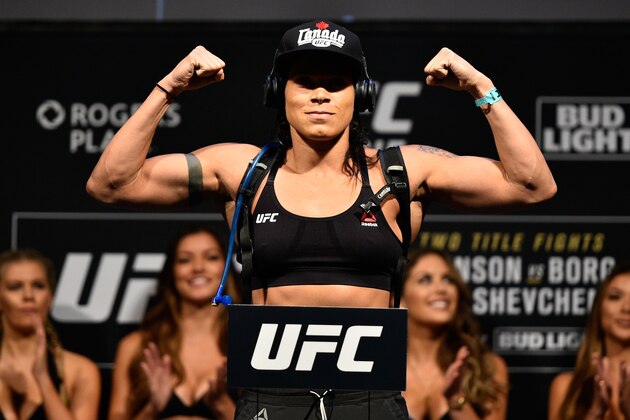 EDMONTON, AB - SEPTEMBER 08:  Amanda Nunes of Brazil poses on the scale during the UFC 215 weigh-in inside the Rogers Place on September 8, 2017 in Edmonton, Alberta, Canada. (Photo by Jeff Bottari/Zuffa LLC/Zuffa LLC via Getty Images)