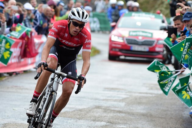 Trek Segafredo's Spanish cyclist Alberto Contador crosses the finish line of the 17th stage of the 72nd edition of 'La Vuelta' Tour of Spain cycling race, a 180.5 km route from Villadiego to Los Machucos in Arredondo, on September 6, 2017. / AFP PHOTO / JOSE JORDAN        (Photo credit should read JOSE JORDAN/AFP/Getty Images)