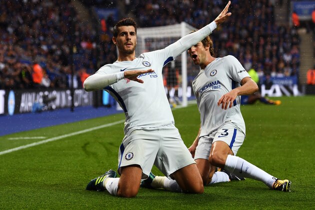 LEICESTER, ENGLAND - SEPTEMBER 09:  Alvaro Morata of Chelsea celebrates scoring his sides first goal with Marcos Alonso of Chelsea during the Premier League match between Leicester City and Chelsea at The King Power Stadium on September 9, 2017 in Leicester, England.  (Photo by Michael Regan/Getty Images)