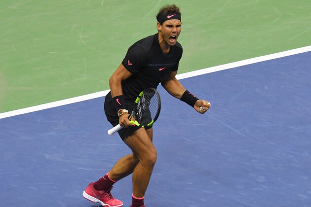 Rafael Nadal of Spain celebrates a point against Juan Martin del Potro of Argentina during their 2017 US Open Men's Singles semifinals match at the USTA Billie Jean King National Tennis Center in New York on September 8, 2017.  / AFP PHOTO / DON EMMERT        (Photo credit should read DON EMMERT/AFP/Getty Images)