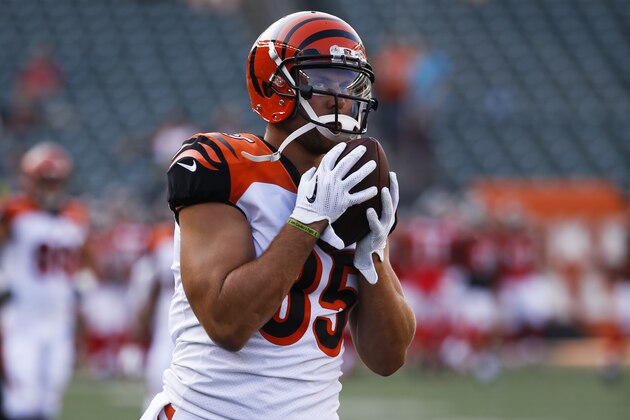 Cincinnati Bengals tight end Tyler Eifert practices before an NFL football game against the Tampa Bay Buccaneers, Friday, Aug. 11, 2017, in Cincinnati. (AP Photo/Frank Victores)
