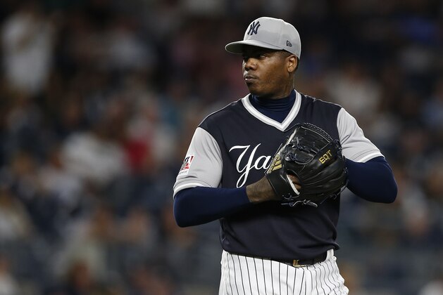NEW YORK, NY - AUGUST 25: Aroldis Chapman #54 of the New York Yankees in action during a game against the Seattle Mariners at Yankee Stadium on August 25, 2017 in the Bronx borough of New York City. The Mariners defeated the Yankees 2-1. (Photo by Rich Schultz/Getty Images)