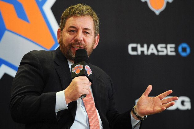 NEW YORK, NY - MARCH 18: James Dolan, Executive Chairman of Madison Square Garden, answers questions during the press conference to introduce Phil Jackson as President of the New York Knicks at Madison Square Garden on March 18, 2014 in New York City.  (Photo by Maddie Meyer/Getty Images)