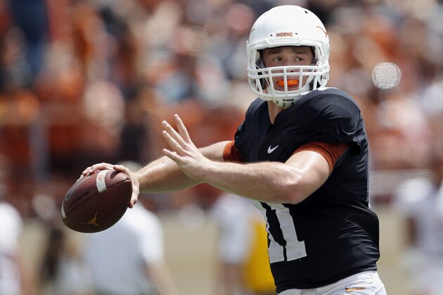 AUSTIN, TX - APRIL 15:  Sam Ehlinger #11 of the Texas Longhorns throws a pass before during the Orange-White Spring Game at Darrell K Royal-Texas Memorial Stadium on April 15, 2017 in Austin, Texas.  (Photo by Tim Warner/Getty Images)