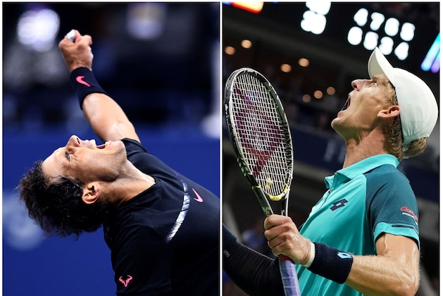 TOPSHOT - This combination of photos taken on September 8, 2017 shows Spain's Rafael Nadal (L) and South Africa's Kevin Anderson celebrating after winning their 2017 US Open Men's Singles Semifinals matches at the USTA Billie Jean King National Tennis Center in New York. 
World number one Rafael Nadal powered into his 23rd career Grand Slam final on Friday, routing Argentina's 24th-seeded Juan Martin del Potro 4-6, 6-0, 6-3, 6-2 at the US Open. / AFP PHOTO / Jewel SAMAD AND Don EMMERT        (Photo credit should read JEWEL SAMAD,DON EMMERT/AFP/Getty Images)