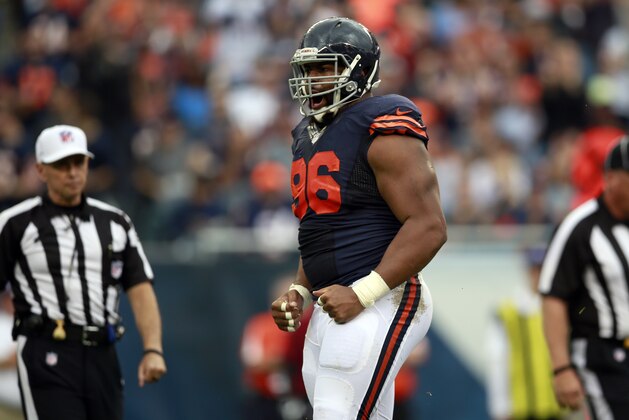 Chicago Bears defensive end Akiem Hicks (96) celebrates after a sack against the Detroit Lions during an NFL football game, Sunday, Oct. 2, 2016, in Chicago.    (Jeff Haynes/AP Images for Panini)