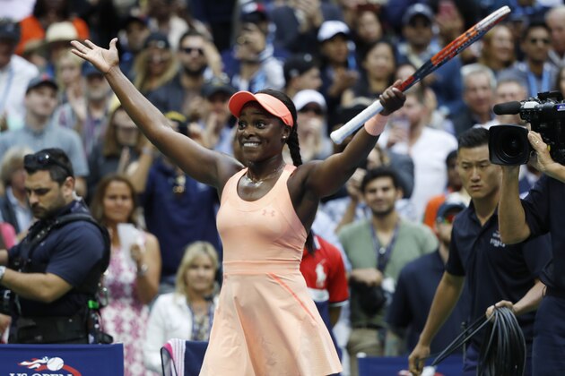 Sloane Stephens, of the United States, reacts after beating Madison Keys, of the United States, in the women's singles final of the U.S. Open tennis tournament, Saturday, Sept. 9, 2017, in New York. (AP Photo/Adam Hunger)