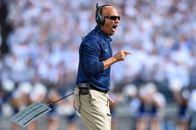 Sep 9, 2017; University Park, PA, USA; Penn State Nittany Lions head coach James Franklin reacts on the field against the Pittsburgh Panthers during the first quarter at Beaver Stadium. Mandatory Credit: Rich Barnes-USA TODAY Sports
