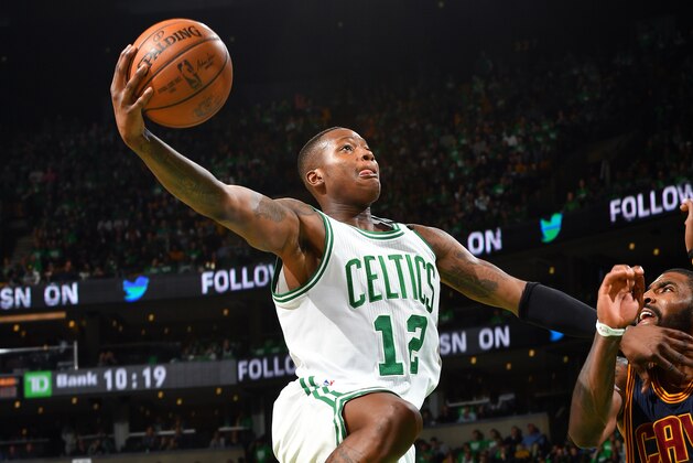 BOSTON, MA - MAY 25: Terry Rozier #12 of the Boston Celtics goes for a lay up during the game against the Cleveland Cavaliers during Game Five of the Eastern Conference Finals of the 2017 NBA Playoffs on May 25, 2017 at the TD Garden in Boston, Massachusetts.  NOTE TO USER: User expressly acknowledges and agrees that, by downloading and or using this photograph, User is consenting to the terms and conditions of the Getty Images License Agreement. Mandatory Copyright Notice: Copyright 2017 NBAE  (Photo by Jesse D. Garrabrant/NBAE via Getty Images)