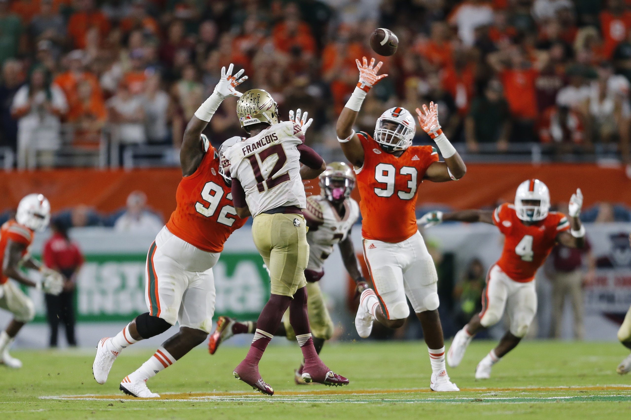 MIAMI GARDENS, FL - OCTOBER 8: Pat Bethel #93 of the Miami Hurricanes is unable to tip the pass thrown by Deondre Francois #12 of the Florida State Seminoles during fourth quarter action on October 8, 2016 at Hard Rock Stadium in Miami Gardens, Florida. Florida State defeated Miami 20-19. Photo by Joel Auerbach/Getty Images) MIAMI GARDENS, FL - OCTOBER 8: Pat Bethel #93 of the Miami Hurricanes is unable to tip the pass thrown by Deondre Francois #12 of the Florida State Seminoles during fourth quarter action on October 8, 2016 at Hard Rock Stadium in Miami Gardens, Florida. Florida State defeated Miami 20-19. Photo by Joel Auerbach/Getty Images)