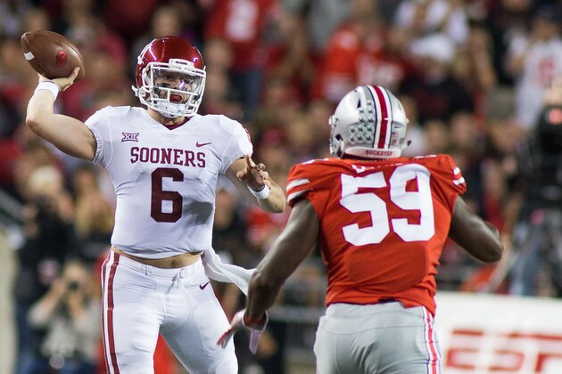 Sep 9, 2017; Columbus, OH, USA; Oklahoma Sooners quarterback Baker Mayfield (6) passes the ball while Ohio State Buckeyes offensive lineman Isaiah Prince (59) defends in the first quarter of the game at Ohio Stadium. Mandatory Credit: Trevor Ruszkowski-USA TODAY Sports