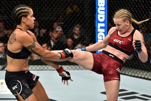 EDMONTON, AB - SEPTEMBER 09: (R-L) Valentina Shevchenko of Kyrgyzstan kicks Amanda Nunes of Brazil in their women's bantamweight bout during the UFC 215 event inside the Rogers Place on September 9, 2017 in Edmonton, Alberta, Canada. (Photo by Jeff Bottari/Zuffa LLC/Zuffa LLC via Getty Images) EDMONTON, AB - SEPTEMBER 09: (R-L) Valentina Shevchenko of Kyrgyzstan kicks Amanda Nunes of Brazil in their women's bantamweight bout during the UFC 215 event inside the Rogers Place on September 9, 2017 in Edmonton, Alberta, Canada. (Photo by Jeff Bottari/Zuffa LLC/Zuffa LLC via Getty Images)