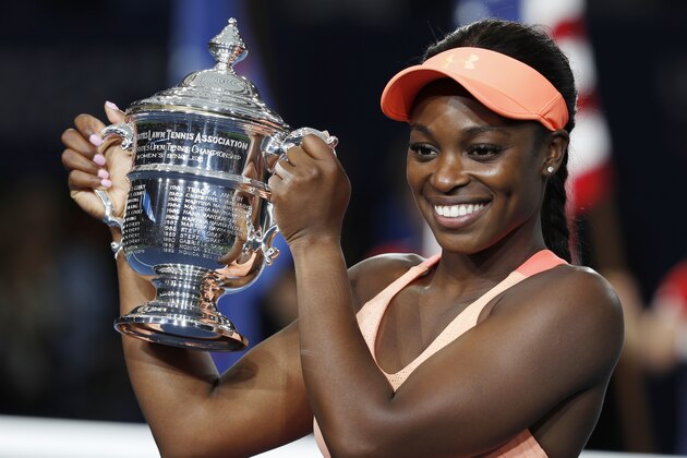 Sloane Stephens, of the United States, holds up the championship trophy after beating Madison Keys, of the United States, in the women's singles final of the U.S. Open tennis tournament, Saturday, Sept. 9, 2017, in New York. (AP Photo/Adam Hunger) Sloane Stephens, of the United States, holds up the championship trophy after beating Madison Keys, of the United States, in the women's singles final of the U.S. Open tennis tournament, Saturday, Sept. 9, 2017, in New York. (AP Photo/Adam Hunger)