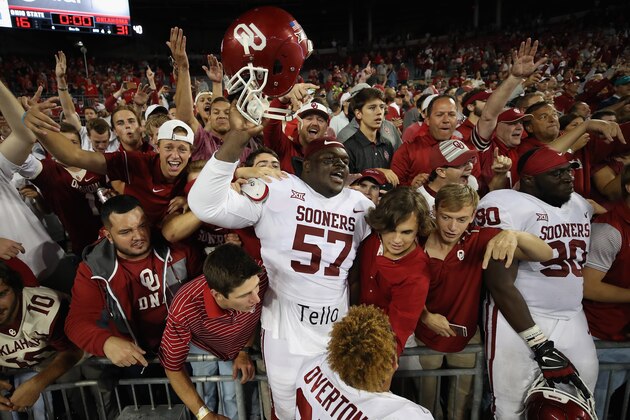COLUMBUS, OH - SEPTEMBER 09:  Du'Vonta Lampkin #57 and Neville Gallimore #90 of the Oklahoma Sooners celebrate with fans after defeating the Ohio State Buckeyes 31-16 at Ohio Stadium on September 9, 2017 in Columbus, Ohio.  (Photo by Gregory Shamus/Getty Images)