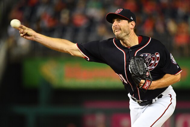 Sep 8, 2017; Washington, DC, USA; Washington Nationals starting pitcher Max Scherzer (31) throws to the Philadelphia Phillies during the third inning at Nationals Park. Mandatory Credit: Brad Mills-USA TODAY Sports