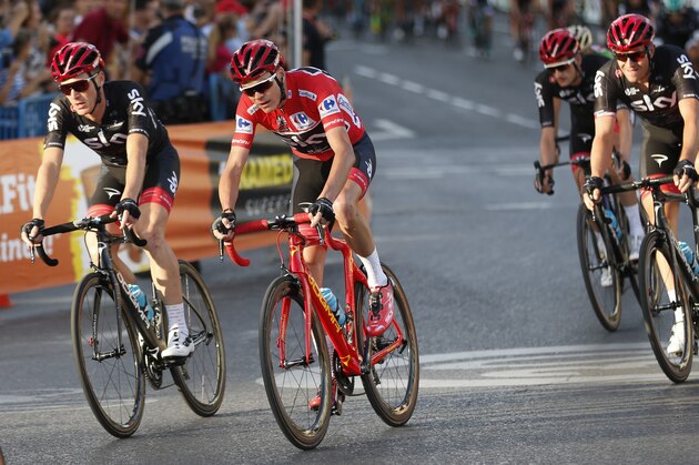 Britain's Chris Froome pedals on his way to win the Spanish Vuelta cycling race, in Madrid, Sunday, Sept. 9, 2017. (AP Photo/Francisco Seco)