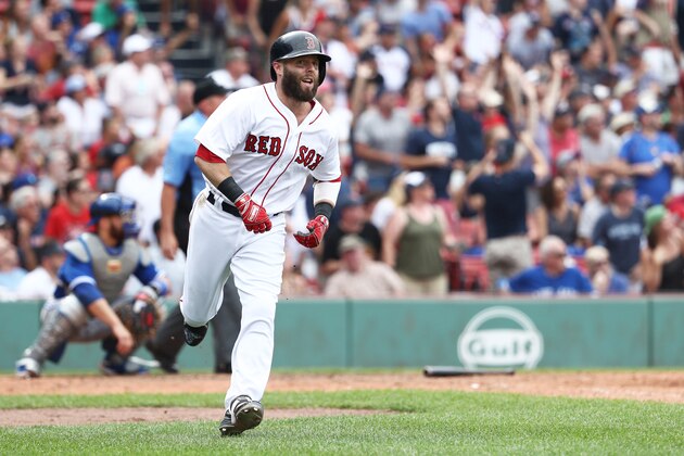 BOSTON, MA - JULY 20: Dustin Pedroia #15 of the Boston Red Sox rounds the bases after hitting a three run homer during the seventh inning against the Toronto Blue Jays at Fenway Park on July 20, 2017 in Boston, Massachusetts. (Photo by Maddie Meyer/Getty Images)