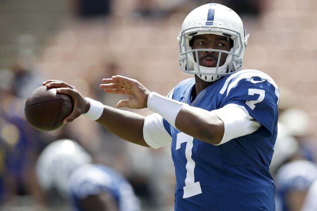 Indianapolis Colts quarterback Jacoby Brissett warms up before an NFL football game against the Los Angeles Rams Sunday, Sept. 10, 2017, in Los Angeles. (AP Photo/Jae C. Hong)