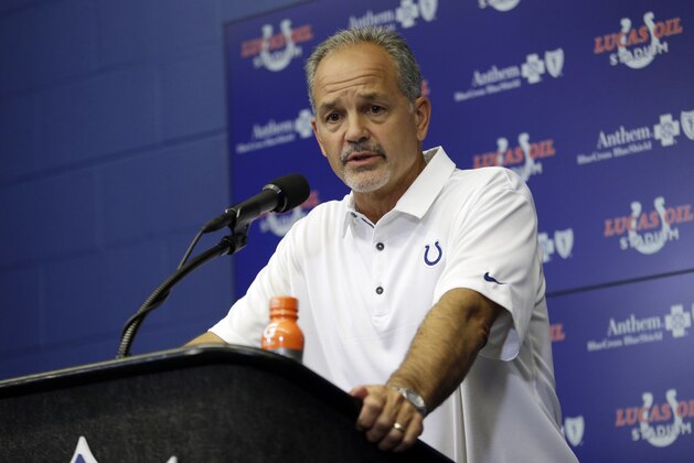 Indianapolis Colts head coach Chuck Pagano during a press conference following an NFL preseason football game against the Cincinnati Bengals in Indianapolis, Thursday, Aug. 31, 2017. The Colts defeated the Bengals 7-6. (AP Photo/AJ Mast)