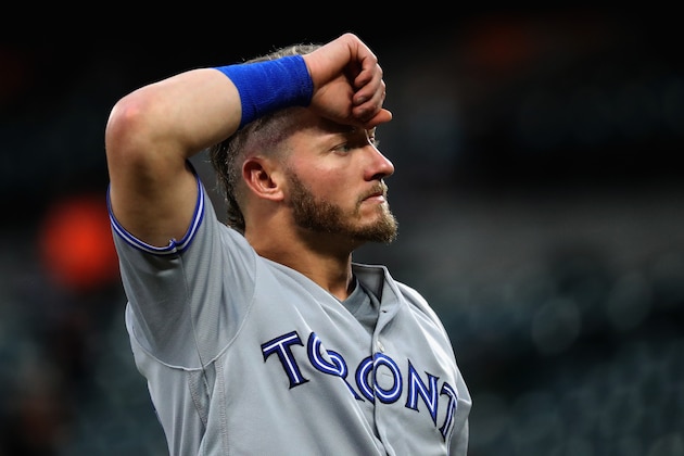 BALTIMORE, MD - AUGUST 31: Josh Donaldson #20 of the Toronto Blue Jays looks on after being forced out in the first inning against the Baltimore Orioles at Oriole Park at Camden Yards on August 31, 2017 in Baltimore, Maryland.  (Photo by Rob Carr/Getty Images)