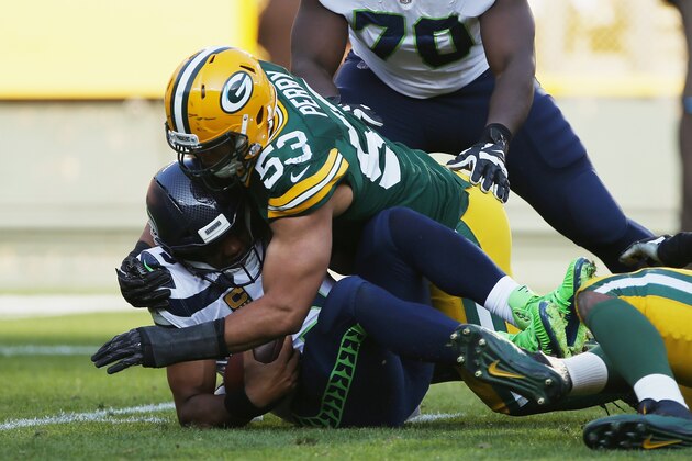 GREEN BAY, WI - SEPTEMBER 10:  Nick Perry #53 of the Green Bay Packers sacks Russell Wilson #3 of the Seattle Seahawks during the second half at Lambeau Field on September 10, 2017 in Green Bay, Wisconsin.  (Photo by Dylan Buell/Getty Images)