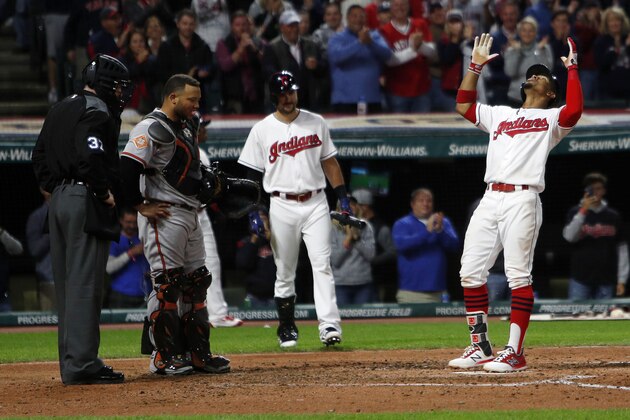 CLEVELAND, OH - SEPTEMBER 10:  Francisco Lindor #12 of the Cleveland Indians celebrates at home plate after hitting a home run against the Baltimore Orioles in the sixth inning at Progressive Field on September 10, 2017 in Cleveland, Ohio. (Photo by David Maxwell/Getty Images)