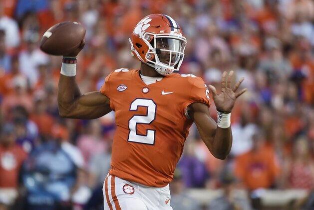Clemson quarterback Kelly Bryant (2) looks to pass against Auburn during the first half of an NCAA college football game, Saturday, Sept. 9, 2017, in Clemson, S.C. (AP Photo/Rainier Ehrhardt)