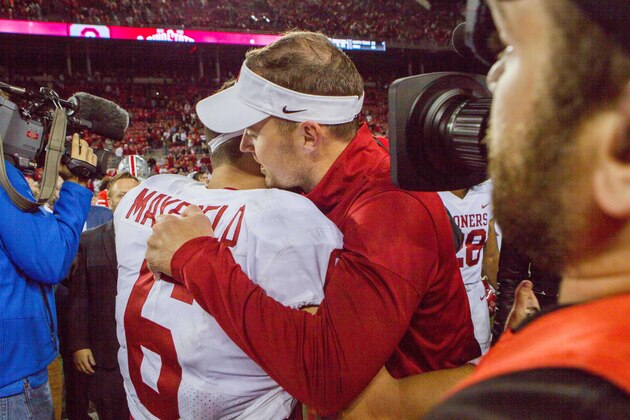 Sep 9, 2017; Columbus, OH, USA; Oklahoma Sooners head coach Lincoln Riley and Oklahoma Sooners quarterback Baker Mayfield (6) hug after the game against the Ohio State Buckeyes at Ohio Stadium. Mandatory Credit: Trevor Ruszkowski-USA TODAY Sports