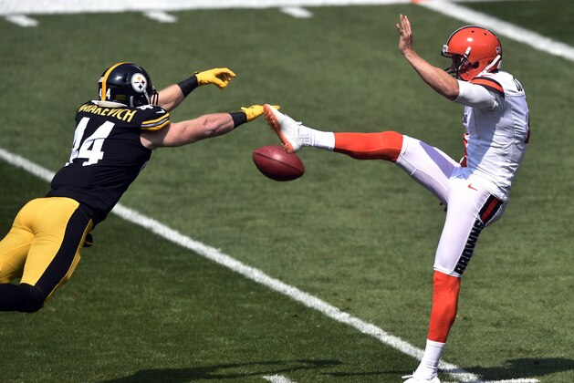 Pittsburgh Steelers outside linebacker Tyler Matakevich (44) blocks a kick by Cleveland Browns punter Britton Colquitt (4) during the first half of an NFL football game, Sunday, Sept. 10, 2017, in Cleveland. (AP Photo/David Richard)