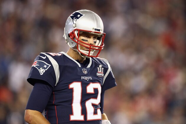 FOXBORO, MA - SEPTEMBER 07:  Tom Brady #12 of the New England Patriots looks on during the first half against the Kansas City Chiefs at Gillette Stadium on September 7, 2017 in Foxboro, Massachusetts.  (Photo by Maddie Meyer/Getty Images)