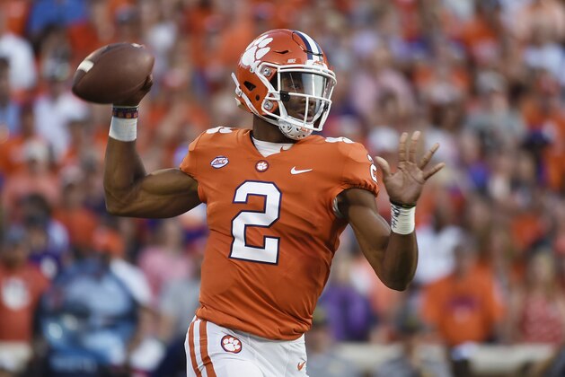 Clemson quarterback Kelly Bryant (2) looks to pass against Auburn during the first half of an NCAA college football game, Saturday, Sept. 9, 2017, in Clemson, S.C. (AP Photo/Rainier Ehrhardt)
