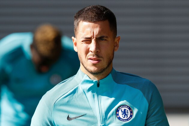 Chelsea's Belgian midfielder Eden Hazard attends team training session at Chelsea's Cobham training facility in Stoke D'Abernon, southwest of London, on September 11, 2017, on the eve of their UEFA Champions League Group C football match FQ Qarabag.

 / AFP PHOTO / Adrian DENNIS        (Photo credit should read ADRIAN DENNIS/AFP/Getty Images)