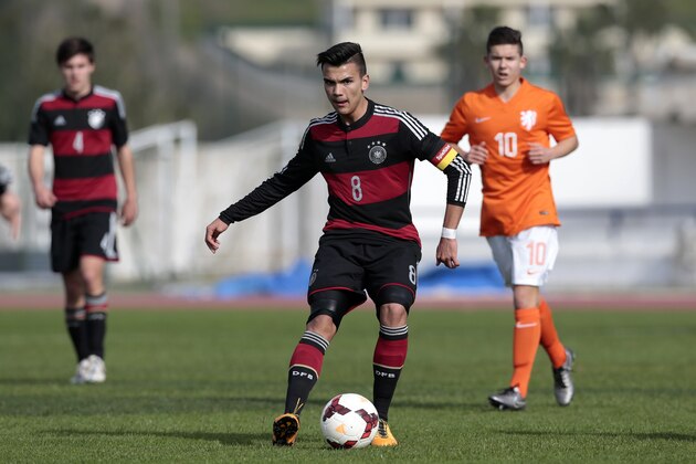 LAGOS, PORTUGAL - FEBRUARY 5: Atakan Akkaynak of Germany during the UEFA Under17 match between U17 Netherlands v U17 Germany on February 5, 2016 in Vila Real de Santo Antonio, Portugal. (Photo by Filipe Farinha/Bongarts/Getty Images)