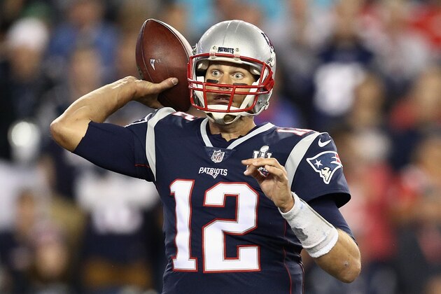FOXBORO, MA - SEPTEMBER 07:  Tom Brady #12 of the New England Patriots looks to pass during the second half against the Kansas City Chiefs at Gillette Stadium on September 7, 2017 in Foxboro, Massachusetts.  (Photo by Maddie Meyer/Getty Images)
