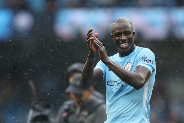 MANCHESTER, ENGLAND - SEPTEMBER 09: Benjamin Mendy of Manchester City celebrates with the fans at full time during the Premier League match between Manchester City and Liverpool at Etihad Stadium on September 9, 2017 in Manchester, England. (Photo by Robbie Jay Barratt - AMA/Getty Images)