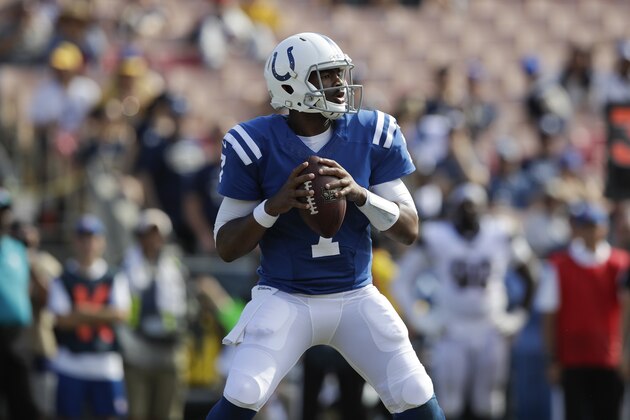 Indianapolis Colts quarterback Jacoby Brissett looks to throw a pass during the second half of an NFL football game against the Los Angeles Rams, Sunday, Sept. 10, 2017, in Los Angeles. (AP Photo/Jae C. Hong)