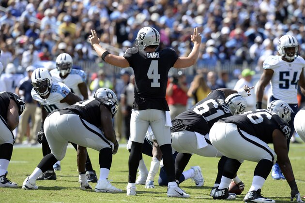 Oakland Raiders quarterback Derek Carr (4) calls a play against the Tennessee Titans in the fourth quarter of an NFL football game Sunday, Sept. 10, 2017, in Nashville, Tenn. The Raiders won 26-16.(AP Photo/Mark Zaleski)