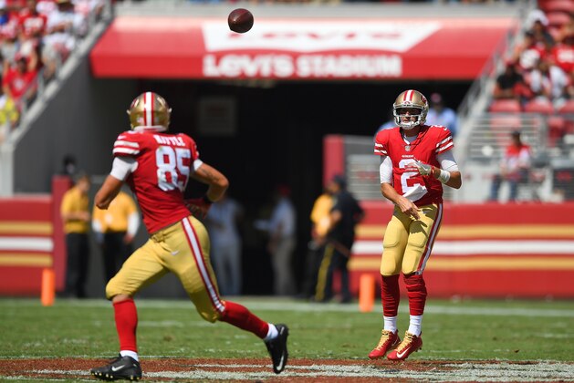 SANTA CLARA, CA - SEPTEMBER 10:  Brian Hoyer #2 of the San Francisco 49ers throws a pass to George Kittle #85 against the Carolina Panthers during the second quarter of their NFL football game at Levi's Stadium on September 10, 2017 in Santa Clara, California.  (Photo by Thearon W. Henderson/Getty Images)
