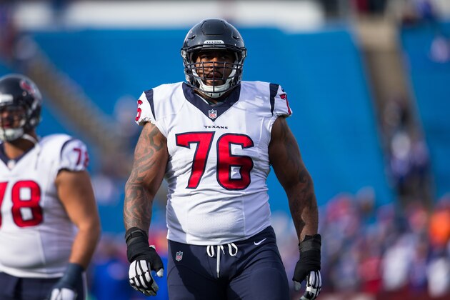 ORCHARD PARK, NY - DECEMBER 06:  Duane Brown #76 of the Houston Texans warms up with teammates before the game against the Buffalo Bills on December 6, 2015 at Ralph Wilson Stadium in Orchard Park, New York.  Buffalo defeats Houston 30-21.  (Photo by Brett Carlsen/Getty Images)