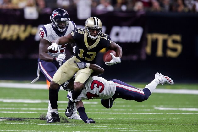 Aug 26, 2017; New Orleans, LA, USA; Houston Texans strong safety Corey Moore (43) dives to tackle New Orleans Saints wide receiver Michael Thomas (13) during the first half the game  at the Mercedes-Benz Superdome. Mandatory Credit: Stephen Lew-USA TODAY Sports