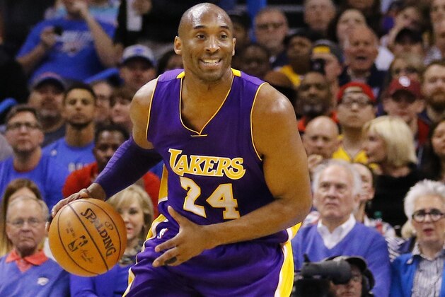 Los Angeles Lakers forward Kobe Bryant (24) drives down the court against the Oklahoma City Thunder during the first half of an NBA basketball game in Oklahoma City, Monday, April 11, 2016. (AP Photo/Alonzo Adams)