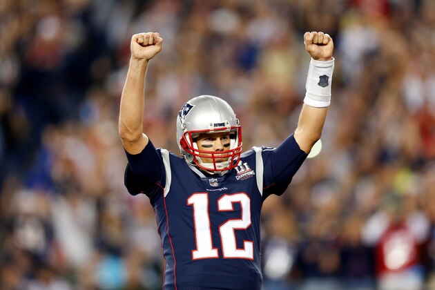 Sep 7, 2017; Foxborough, MA, USA; New England Patriots quarterback Tom Brady (12) celebrates after a touchdown against the Kansas City Chiefs during the third quarter at Gillette Stadium. Mandatory Credit: Greg M. Cooper-USA TODAY Sports