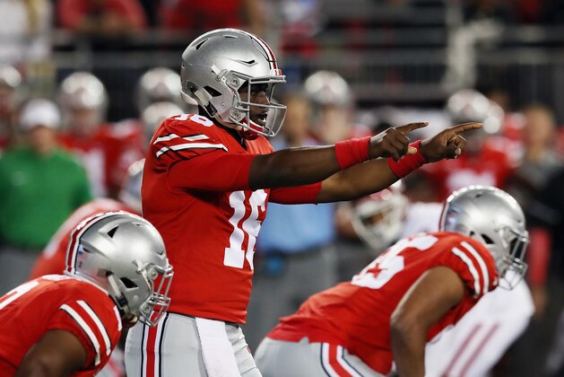 COLUMBUS, OH - SEPTEMBER 09: J.T. Barrett #16 of the Ohio State Buckeyes gestures during the first half against the Oklahoma Sooners at Ohio Stadium on September 9, 2017 in Columbus, Ohio.  (Photo by Gregory Shamus/Getty Images)