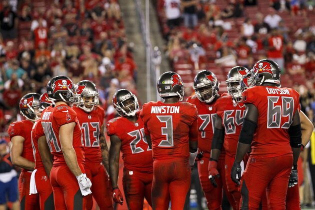 TAMPA, FL - NOVEMBER 3: A general view of Quarterback Jameis Winston #3 and the offensive players of the Tampa Bay Buccaneers in the huddle during the game against the Atlanta Falcons at Raymond James Stadium on November 3, 2016 in Tampa, Florida. The Falcons defeated the Buccaneers 43 to 28. (Photo by Don Juan Moore/Getty Images)