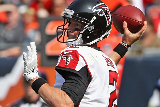 CHICAGO, IL - SEPTEMBER 10:   Matt Ryan #2 of the Atlanta Falcons passes against the Chicago Bears
during the season opening game at Soldier Field on September 10, 2017 in Chicago, Illinois. The Falcons defeated the Bears 23-17. (Photo by Jonathan Daniel/Getty Images)